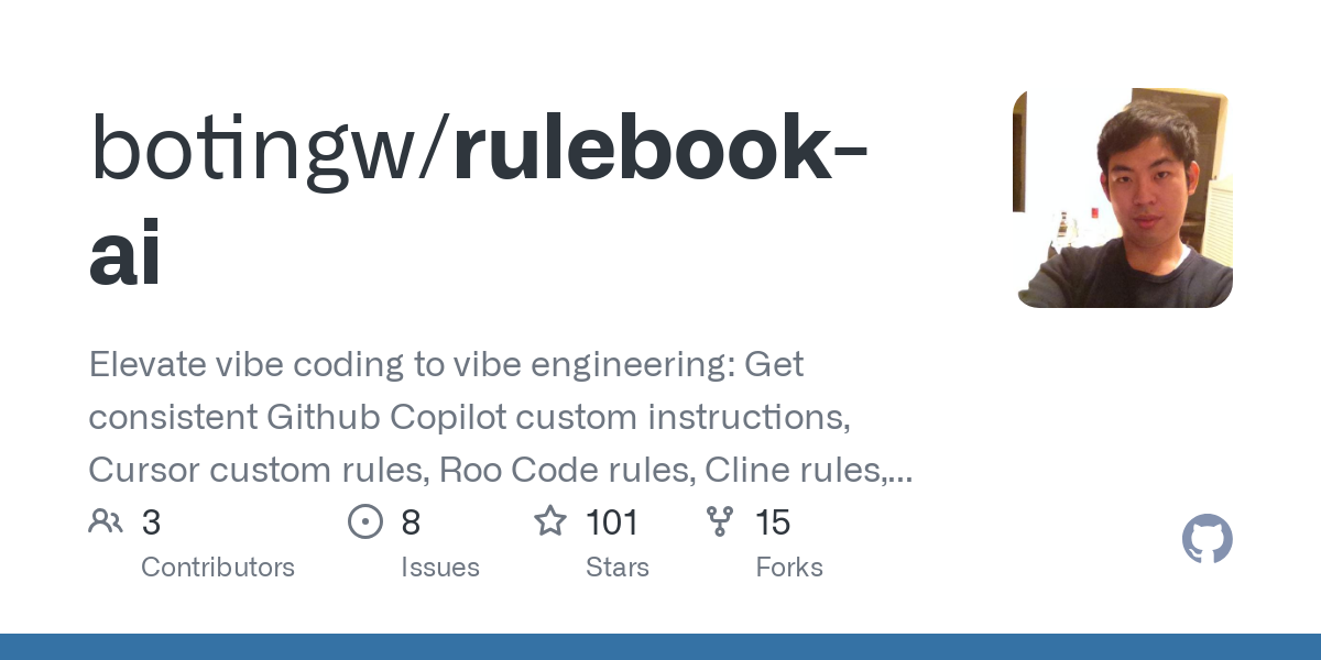 botingw/rulebook-ai: Elevate vibe coding to vibe engineering: Get consistent Github Copilot custom instructions, Cursor custom rules, Roo Code rules, Cline rules, Windsurf rules across AI assistants via a universal, managed template. Features vibe coding memory bank & best practices for large codebases.